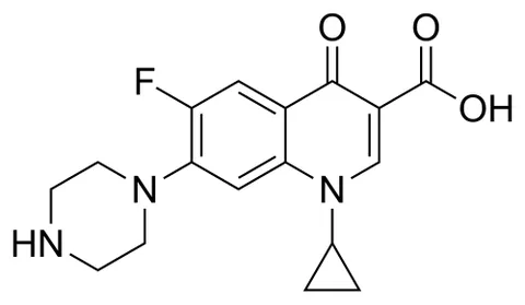 ciprofloxacin: a broad-spectrum fluoroquinolone antibiotic C₁₇H₁₈FN₃O₃ that is often administered in the form of...