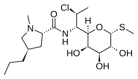 clindamycin: a lincosamide antibiotic drug C₁₈H₃₃ClN₂O₅S, mostly used to treat infections with anaerobic bacteria