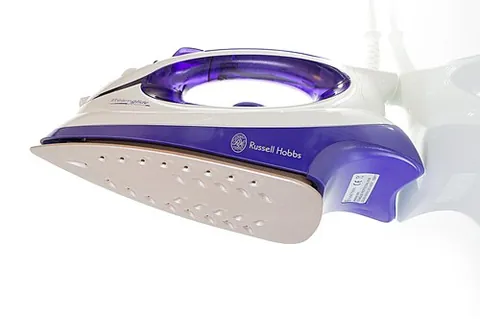 clothes iron: a hand-held device with a heated flat metal base used to smooth out wrinkles in clothes