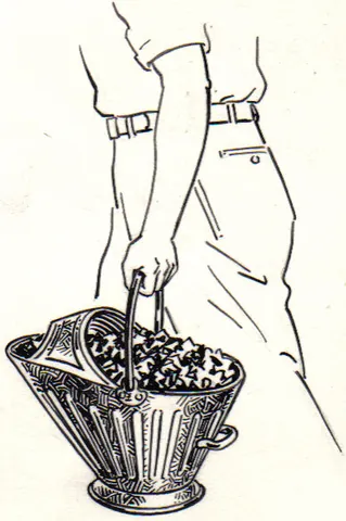 coal scuttle: a metal container of varying shapes, equipped with a handle for carrying coal for use on a domestic...