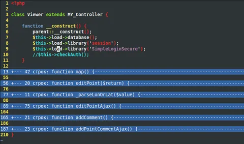 code folding: a feature in many code editors that allows blocks of code to be "folded"; i.e. collapsed or hidden...