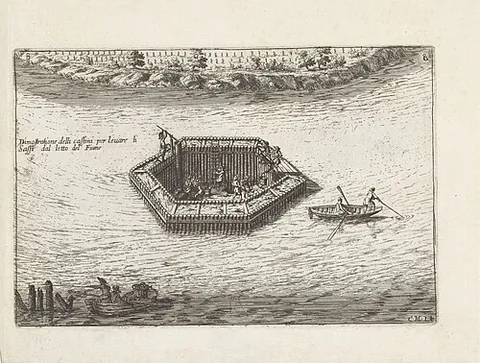 cofferdam: a temporary watertight enclosure used to create a dry foundation for building bridges and other...