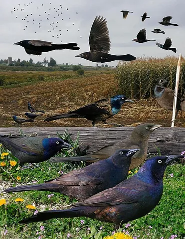 common grackle: quiscalus quiscula, a large, lanky blackbird with a long tail and long legs