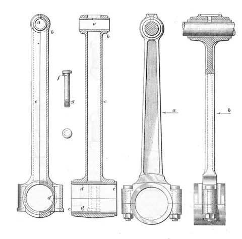 connecting rod: a rod, inside a reciprocating engine, that connects a piston to the crankshaft