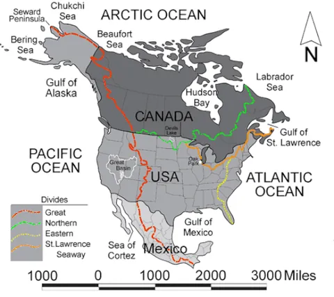 continental divide: a line of elevated terrain that divides a watershed or a continent, so that water flowing on either...