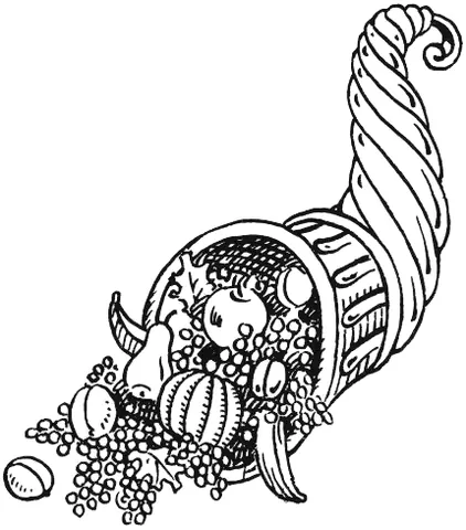 cornucopia: a goat's horn endlessly overflowing with fruit, flowers and grain; or full of whatever its owner...