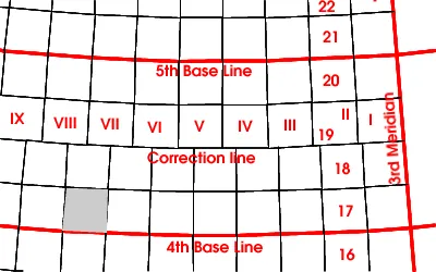 correction line: a place where a north–south grid road jogs to correct for the northward convergence of meridians