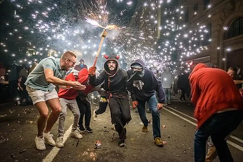 correfoc: any of several forms of parade-like celebrations in Catalonia involving pyrotechnics in the middle...