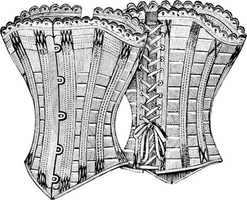 corset: a woman's foundation garment, reinforced with stays, that supports the waistline, hips and bust
