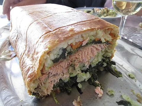coulibiac: a loaf of fish, meat, or vegetables baked in a pastry shell