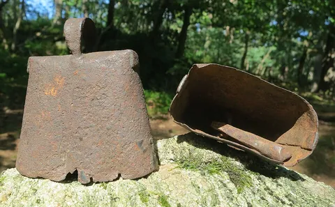 cowbell: a bell worn by cows; sometimes with an ornate strap