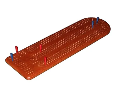cribbage board: a board with several tracks of holes, used for scorekeeping in games such as cribbage and dominoes