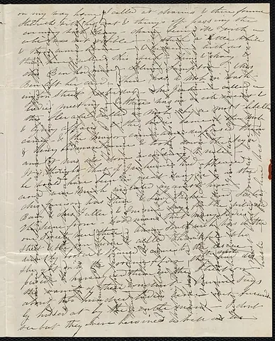 cross-writing: a 19th-century technique for saving paper and postage by writing a letter in one direction, then...