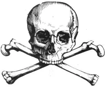 crossbones: a representation of two femurs (thighbones) crossed diagonally, chiefly combined with a human skull...