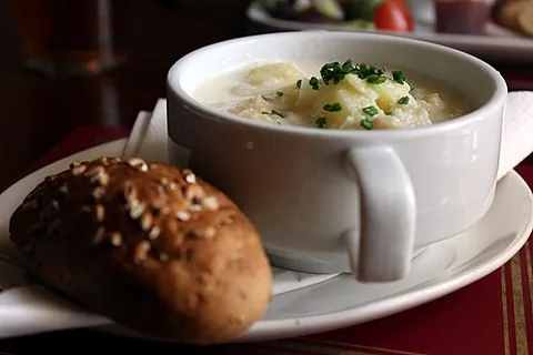 cullen skink: a thick soup made of smoked finnan haddock, milk, onions, and potatoes, a local speciality of...