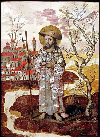 pilgrim's staff: a traditional walking stick used by travelers on religious journeys, especially the Camino de...