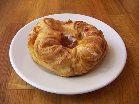 danish: danish pastry, light sweet yeast-raised roll usually filled with fruit or cheese