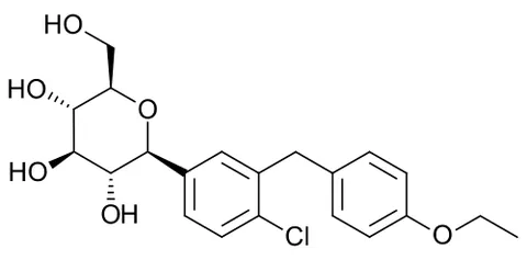 dapagliflozin: a drug C₂₁H₂₅ClO₆·C₃H₈O₂·H₂O that lowers blood sugar by reducing the reabsorption of glucose from...