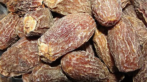 date: the fruit of the date palm, Phoenix dactylifera, somewhat in the shape of an olive, containing a...