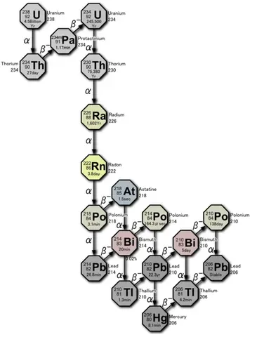 decay chain: a series of nuclides, such that one nuclide radioactively decays into another, which decays into...