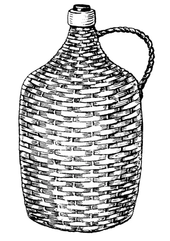 demijohn: a large bottle with a short neck, sometimes with two small handles at the neck, sometimes encased...