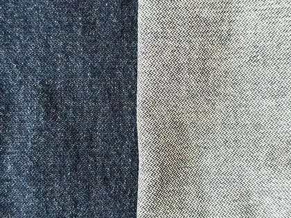 denim: a textile often made of cotton with a distinct diagonal pattern