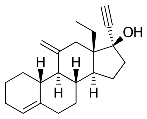 desogestrel: a synthetic progestogen C₂₂H₃₀O used in birth control pills in combination with ethinylestradiol