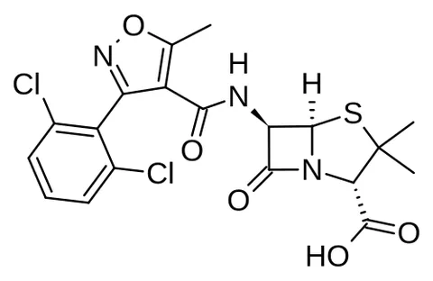 dicloxacillin: a narrow-spectrum beta-lactam antibiotic of the penicillin class, used in the form of its hydrated...