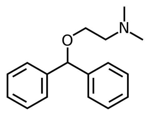 diphenhydramine: an antihistamine and anticholinergic drug that blocks the effect of histamine at H₁ receptor sites,...