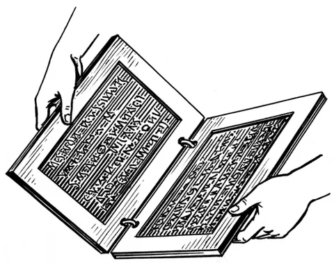 diptych: a writing tablet consisting of two leaves of rigid material connected by hinges and shutting...