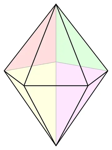 dipyramid: in geometry, any of a class of solids formed from two pyramids placed symmetrically base to base