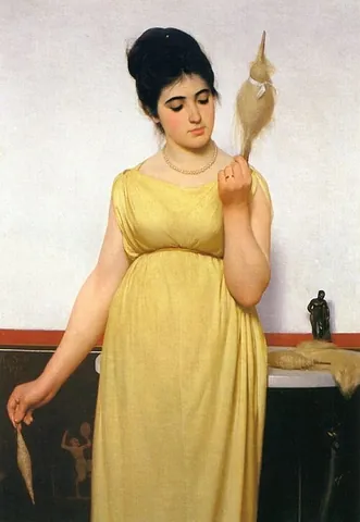 distaff: a device to which a bundle of natural fibres (often wool, flax, or cotton) is attached for...