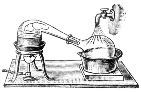 distil: to exude (a liquid) in small drops; also, to give off (a vapour) which condenses in small drops