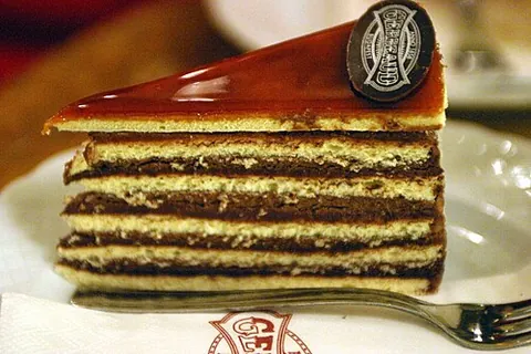 dobos torte: a Hungarian sponge cake layered with chocolate buttercream and topped with caramel