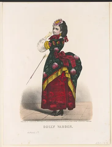 dolly varden: a woman's outfit, briefly fashionable in Britain and America in the late nineteenth century, with a...