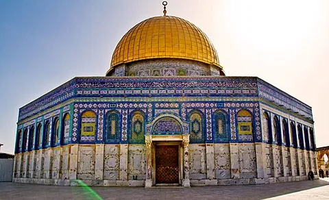 dome of the rock: a shrine, located on the Temple Mount in Jerusalem, which contains the Foundation Stone