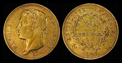 double napoleon: a former 40-franc gold coin issued by France