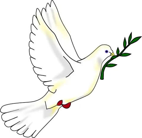 dove of peace: the dove as a symbol of peace and pacifism, typically depicted carrying an olive branch