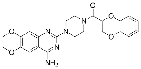 doxazosin: a drug taken orally in the form of its mesylate C₂₃H₂₅N₅O₅·CH₄O₃S to relieve urethral obstruction...