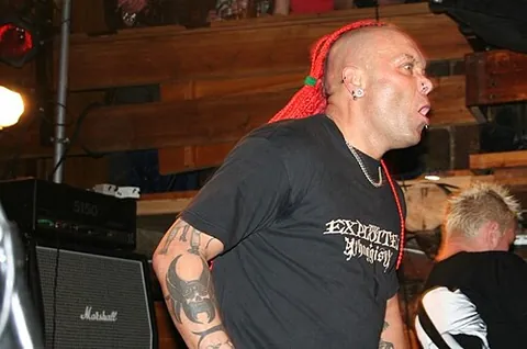 dreadhawk: a Mohawk hairstyle with the hair in dreadlocks
