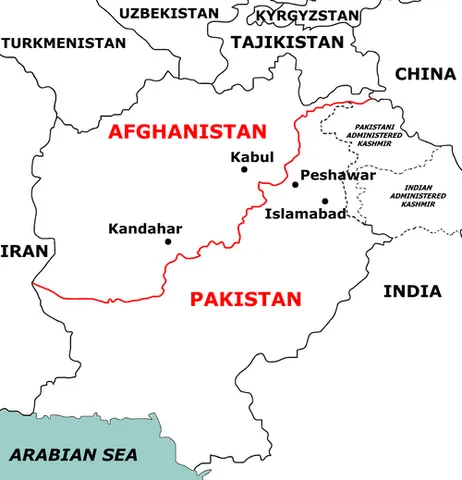durand line: the de facto border between Afghanistan and Pakistan (formerly British India)