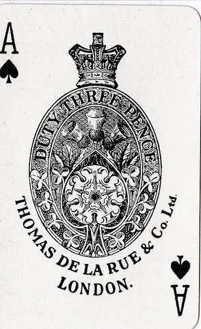 duty card: the ace of spades with a duty legal stamp, reflecting the tax owing on a pack of playing cards