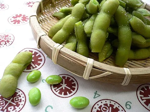 edamame: fresh green soybeans boiled as a vegetable