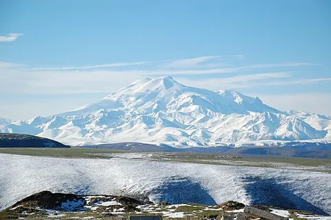 elbrus: an inactive volcano located in the western Caucasus mountain range, in Kabardino-Balkaria and...