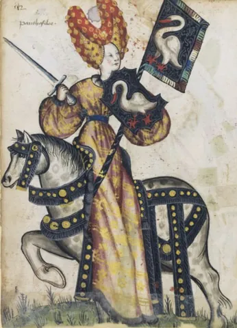 escoffion: an item of European feminine headwear popular in the Late Middle Ages (1250–1500), made of a thick,...