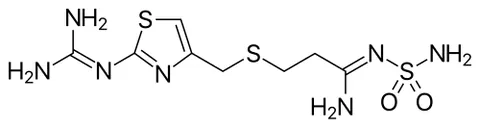 famotidine: an H₂ antagonist C₈H₁₅N₇O₂S₃ (trademark Pepcid) used to inhibit gastric acid secretion especially...