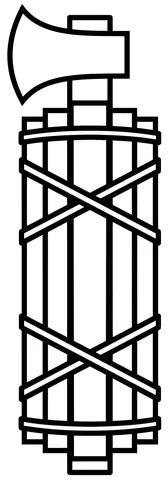 fasces: a Roman symbol of judicial authority consisting of a bundle of wooden sticks, with an axe blade...
