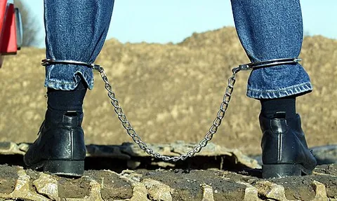 fetter: a chain or similar object used to bind a person or animal, often by its legs