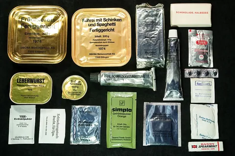 field ration: a prepackaged meal, easily prepared and eaten, carried by military troops on the battlefield