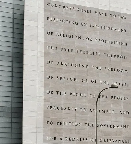first amendment: the amendment to the constitution of the United States pertaining to freedom of speech, freedom of...